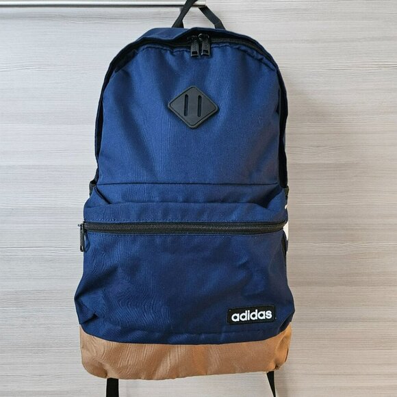 Adidas Classic Navy 3 Stripe Backpack Front Zip Pocket & Side Mesh Pockets Bag - Picture 3 of 16